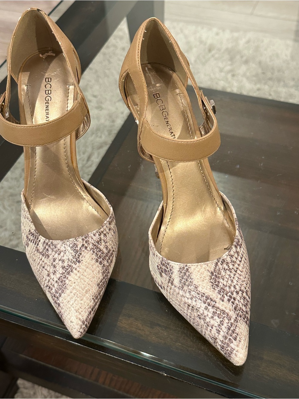BCBGeneration Tan Ankle-Strap Snake-Print Pointed Pumps